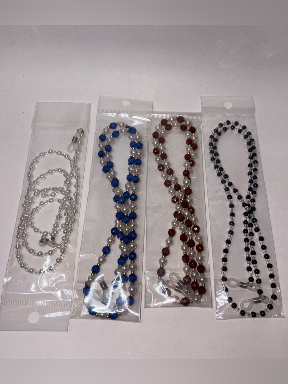 Eyeglass Beaded Holders Chains Set of 4 Blue Red Black White Gold Tone
